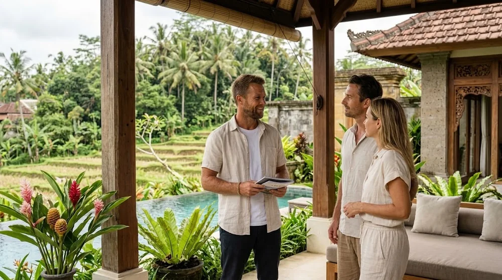 Property consultant discussing a modern Bali villa with two prospective buyers