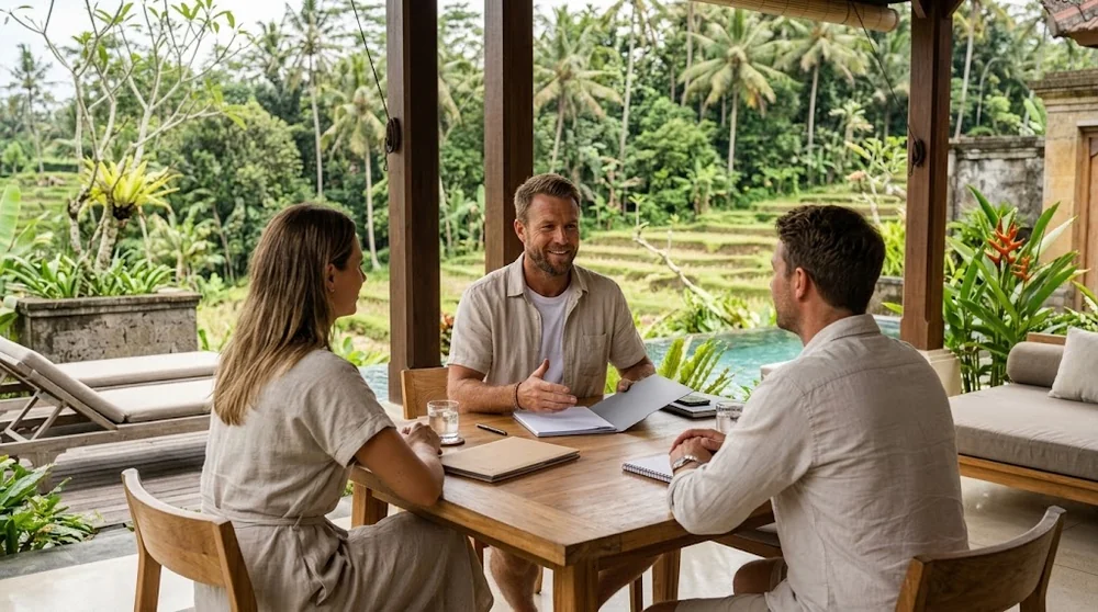 A property adviser discusses a villa purchase with buyers on a shaded Bali terrace
