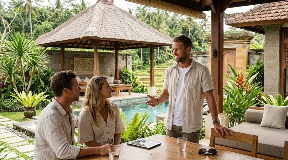 Property adviser and buyers discussing a Bali villa beside a pool