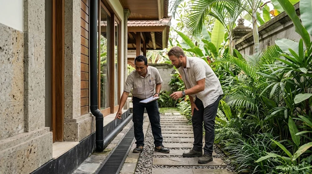An inspector and buyer examine access and drainage beside a Bali villa
