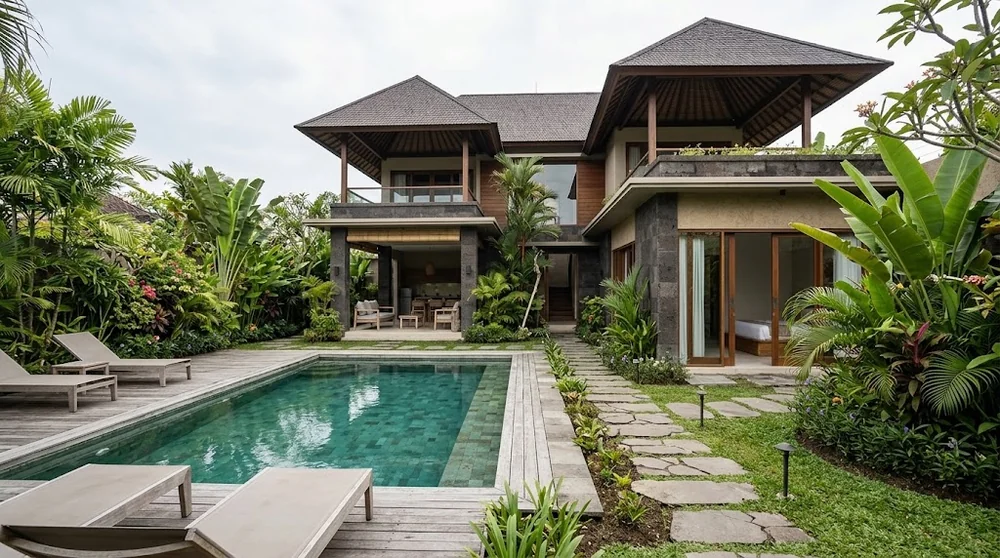 Completed Bali villa with a pool, garden and pedestrian access