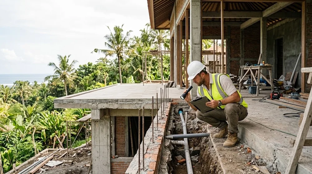 A building inspector checking drainage at an unfinished coastal villa in Bali