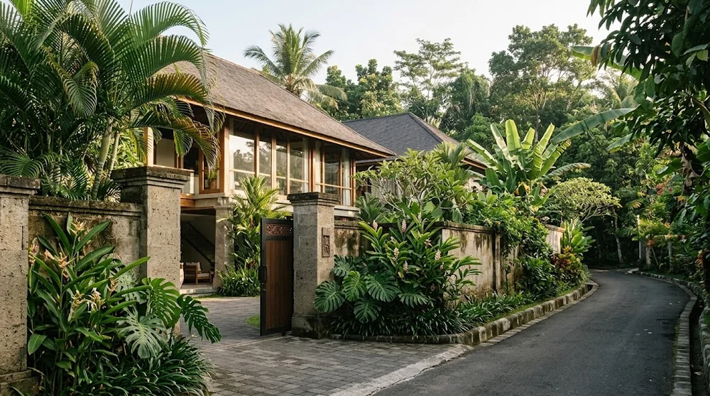 Modern residential villa with landscaped entrance in Bali