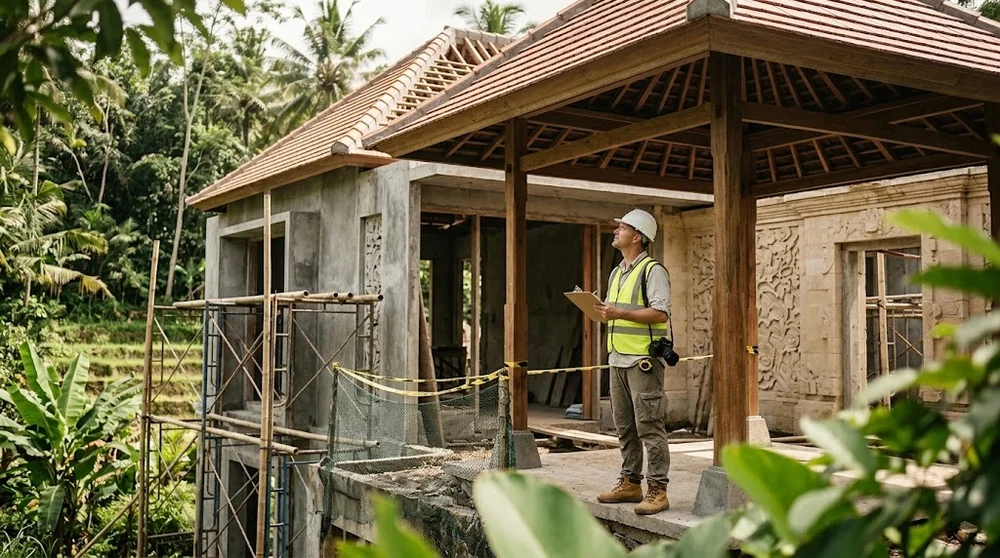 An inspector checks a partially completed villa in Bali