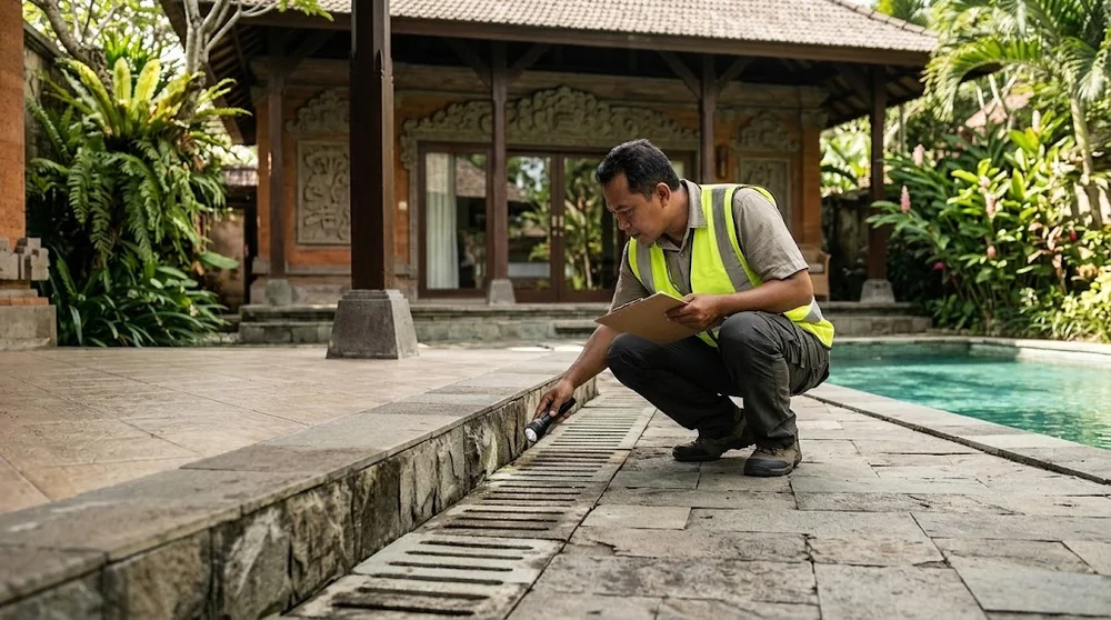 Building inspector checking drainage beside a Bali villa terrace