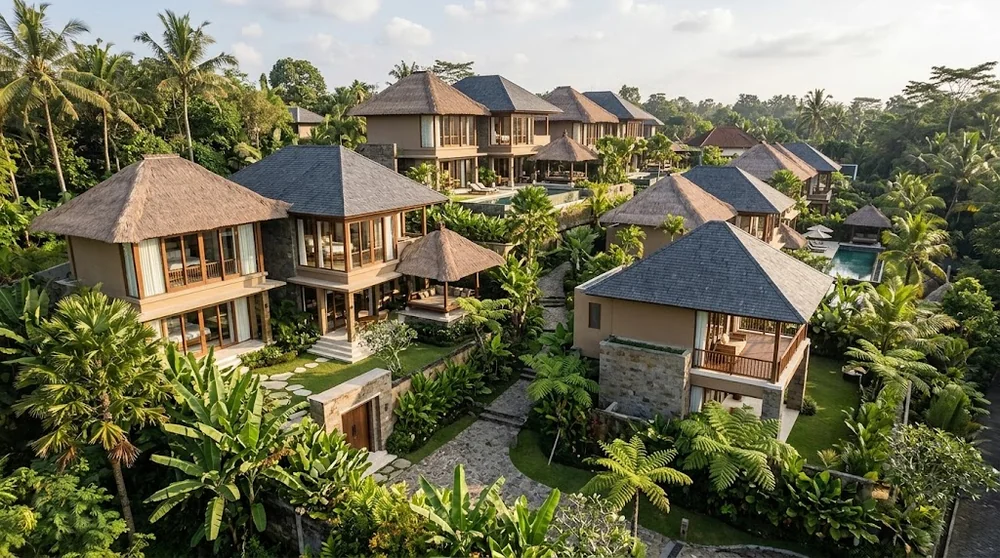 Cluster of modern villas arranged around landscaped paths in Indonesia