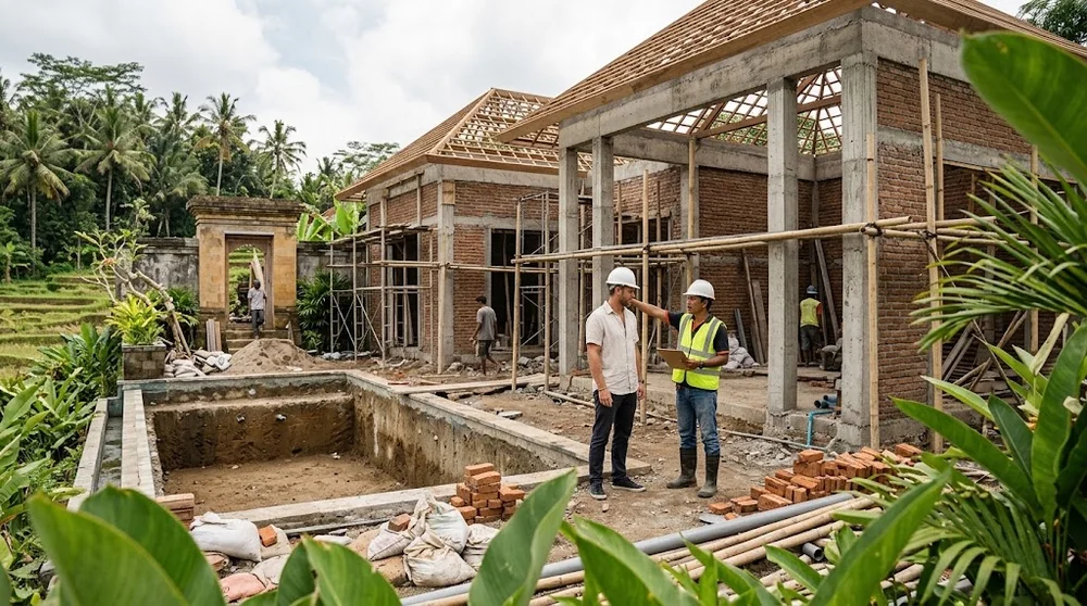 Inspector and buyer viewing an unfinished Bali villa