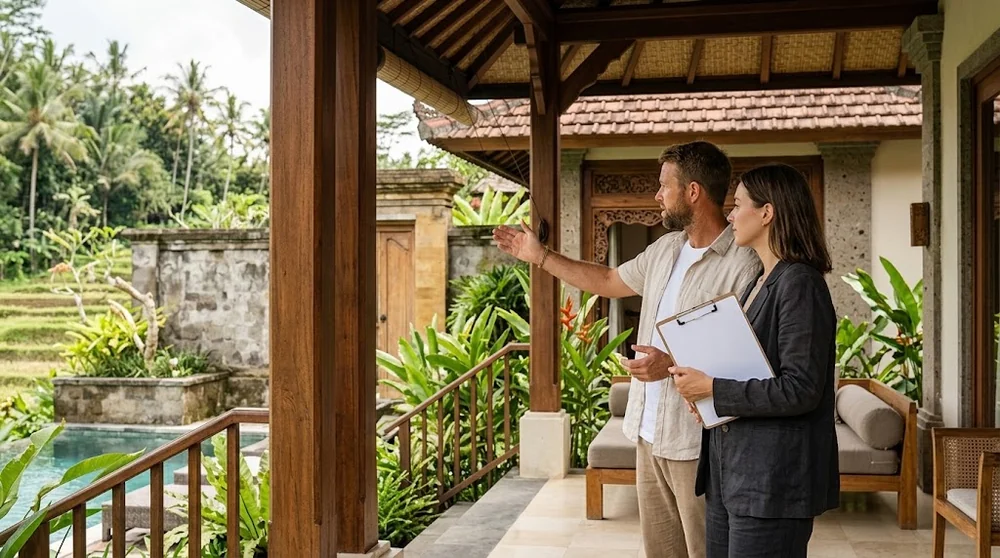 Two property professionals inspecting the boundary wall and exterior of a Bali villa
